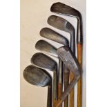 7x various interesting irons to incl James Gourlay Carnoustie jigger, Hendry and Bishop, mussel back