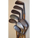 8x assorted irons to incl Spalding wide sole flanged mashie, Tom Stewart stainless niblick, Forgan