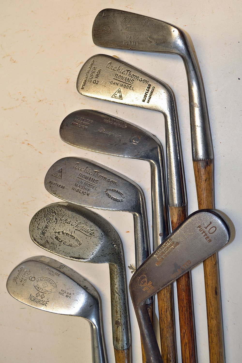 7x various golf irons and putters to incl Archie Thomson Rowans Super 2 iron and mashie niblick,