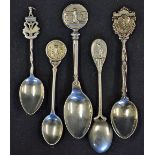 5x Silver Golf Spoons with golfing figures includes Oatlands Park Hotel GC 1929, and four unnamed