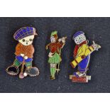 3x Enamel Golf Badges includes Dunlop Man, child golfer and Scottish golfer, interesting in A/G