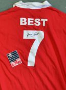 George Best Signed Manchester United Football Shirt a red replica short sleeve shirt with 7 to the