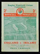 1939 England v Ireland (Runners-up) rugby programme - played at Twickenham on 11th February, usual