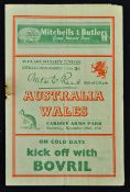 1947 Wales v Australia rugby programme played at Cardiff Arms Park on 20th December with Wales