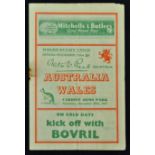 1947 Wales v Australia rugby programme played at Cardiff Arms Park on 20th December with Wales