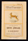 Scarce 1912 Cardiff v South Africa rugby programme - played on Saturday 21st December with South