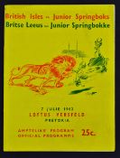 1962 British Lions v Junior Springboks rugby programme-played at Pretoria on 16th July with the