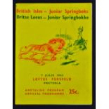 1962 British Lions v Junior Springboks rugby programme-played at Pretoria on 16th July with the