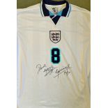 Paul Gascoigne Signed England 1996 Football Shirt & Print 8 to the front, a replica white, short