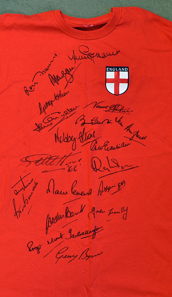 1966 England Signed Football Shirt signatures include Greaves, Flowers, Ball, Cohen, J Charlton,