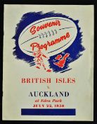 1950 British Lions v Auckland rugby programme - played on the 22nd July with the Lions winning 32-