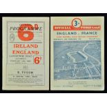 2x 1951 England rugby programmes to incl vs Ireland (Champions) played at Lansdowne Road and vs