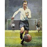 Tom Finney Watercolour depicting Finney running with the ball, mounted and framed, overall