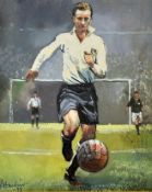 Tom Finney Watercolour depicting Finney running with the ball, mounted and framed, overall