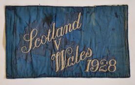 Rare 1928 Scotland v Wales rugby touch judges flag - blue silk and white embroidered flag