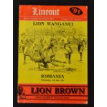 1991 Lion Wanganui vs Romania rugby programme - played in New Zealand on Wednesday 15th May - some
