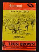 1991 Lion Wanganui vs Romania rugby programme - played in New Zealand on Wednesday 15th May - some