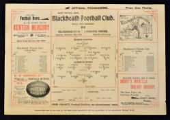 Rare 1900 Blackheath v London Irish rugby programme -played on Saturday 15th December - teams incl