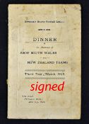 Rare 1925 Rugby League New South Wales (Australia) and New Zealand signed dinner menu - after the