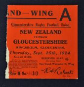 Rare 1924 Gloucestershire v New Zealand All Blacks Invincibles rugby match ticket - Bright clean red