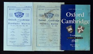 3x early Oxford v Cambridge (Rugby) Football Match programmes from 1920's onwards to incl '25 (