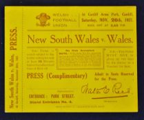 1927 Wales v N.S.W The Waratahs rugby match ticket - played on 26 November, complimentary press