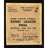1954 Rugby League Challenge Cup Final Ticket - Warrington v Halifax at Wembley. 24 April 1954.