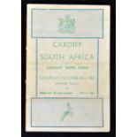 1960 Cardiff vs South Africa rugby programme played at Cardiff Arms Park on Saturday 29th October