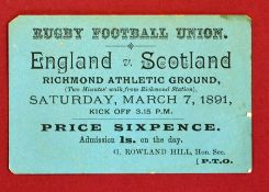 Very rare 1891 England v Scotland (Triple Crown/Champions) rugby match ticket - played at Richmond