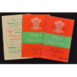 3x Wales v Ireland rugby programmes from the 1950's to incl '53 (St Helens), '57 and '59 both at