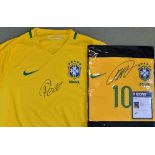 Pele and Kaka Signed Brazil Football Shirts both replica shirts, signed to the front, Kaka comes