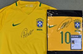 Pele and Kaka Signed Brazil Football Shirts both replica shirts, signed to the front, Kaka comes