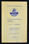 Chelsea Football Dinner Menu dated 28 November 1949 for fixture v AIK Sweden held at the Trocadero