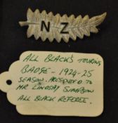 Scarce 1924-5 New Zealand All Black Silver Fern Rugby Badge - large white metal lapel badge embossed