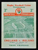 1937 England (Grand Slam) v Ireland rugby programme played at Twickenham on 13th February winning
