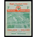 1937 England (Grand Slam) v Ireland rugby programme played at Twickenham on 13th February winning