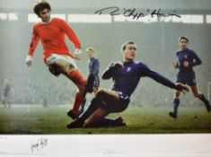Ron Harris and George Best Signed Football print depicts Chelsea's Harris tackling Best of