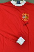 George Best Signed 1963 Manchester United Football Shirt a replica, red, long sleeve top, size XL,