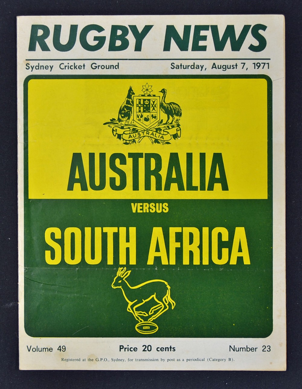 1971 Australia v South Africa rugby programme - 1st test match played at SCG on Saturday 7th