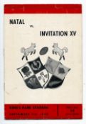 1960 Natal vs Invitation XV rugby programme - played at Kings Park Durban 1st September with the