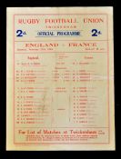 1928 England (Grand Slam) v France rugby programme - played at Twickenham on 25th February England