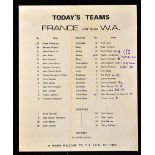 1971 Western Australia v France official match day rugby team insert sheet - very rare single