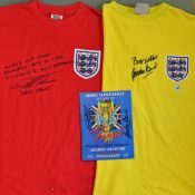 Geoff Hurst Signed 1966 England Football Shirt inscribed with match stats, a replica shirts, long
