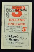 1949 Ireland (Champions & Triple Crown) v England rugby programme played at Lansdowne Road on 12th