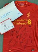 Liverpool Multi Signed Football Shirt signed to the front in ink by 20, a replica, short sleeve, red