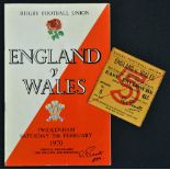1970 England v Wales rugby programme and ticket signed by Wales legend Gareth Edwards and Wales