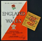 1970 England v Wales rugby programme and ticket signed by Wales legend Gareth Edwards and Wales
