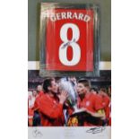 Steven Gerrard Signed Liverpool Football Cloth framed measures 30 x 38cm approx. together with a