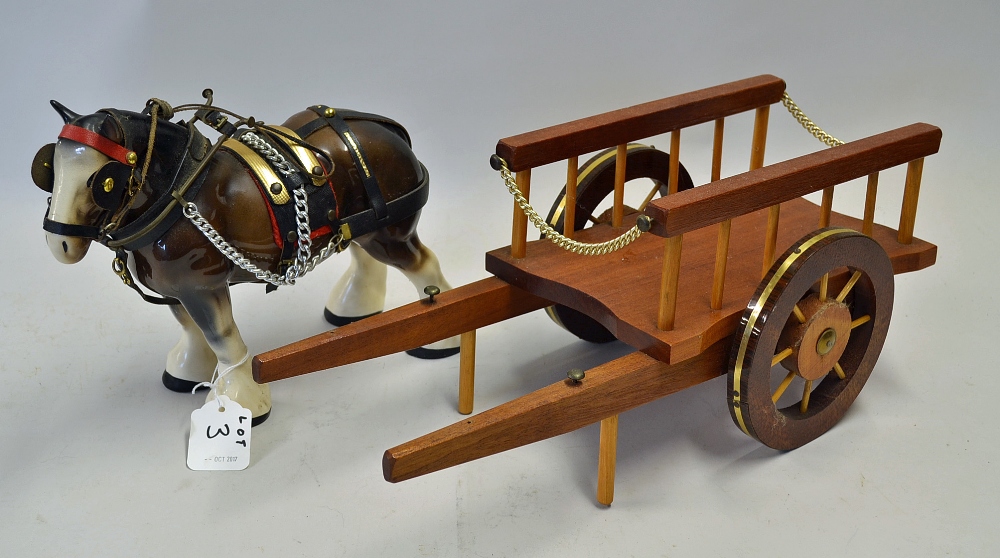 Ceramic Shire Horse and Wooden Cart the brown shire horse measures 23x27cm, the wooden cart 18x45cm - Image 2 of 2