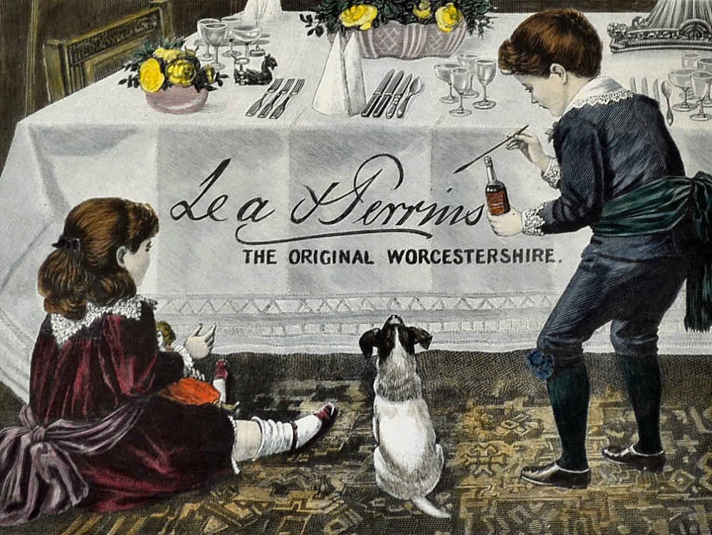 Lea & Perrins Advertising Colour Print depicting two children painting the white table cloth, nicely